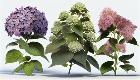 Hydrangea flowers on a white background. 3D illustration.