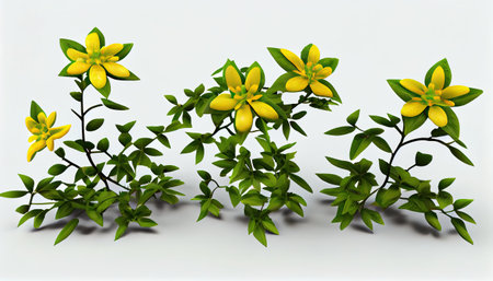 3d rendering of yellow flowers with green leaves on a white backgroundの写真素材