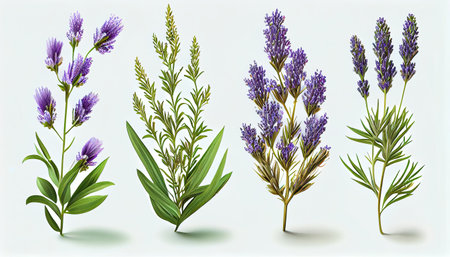 Set of lavender flowers isolated on white background.の素材