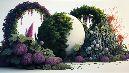 3d render of fantasy fantasy landscape with plants, trees and moon