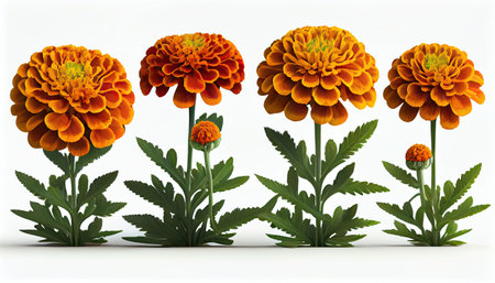 Three marigold flowers isolated on white background.の写真素材