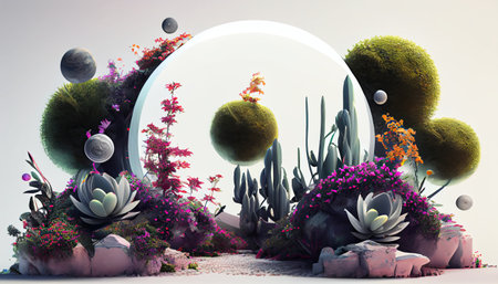 3d illustration of fantasy landscape with cactus and succulents