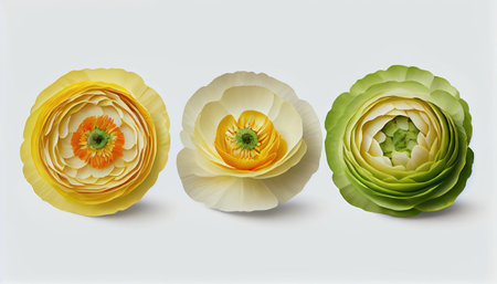 Paper cut of ranunculus flowers isolated on white background. 3d rendering