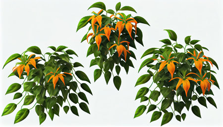 Illustration of orange flowers and green leaves isolated on white background.の素材