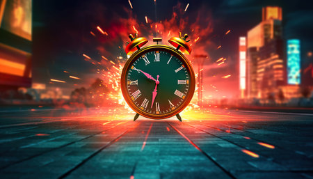 Alarm clock on city background. Time concept. 3D Rendering