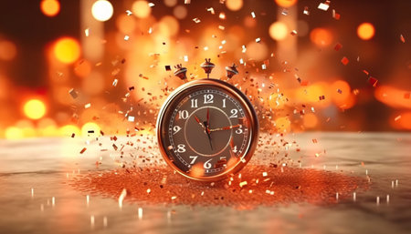 Time concept with vintage alarm clock and falling confetti. 3D rendering