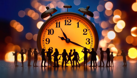 Silhouette of miniature people and alarm clock on bokeh backgroundの写真素材