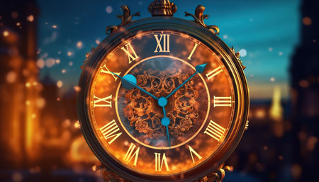 Vintage clock on background of night city. 3D rendering.の写真素材