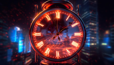 Alarm clock with lightning in the night city. 3D rendering