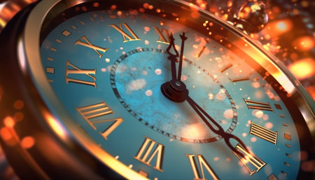 Clock face closeup with golden lights. Time concept. 3D Rendering