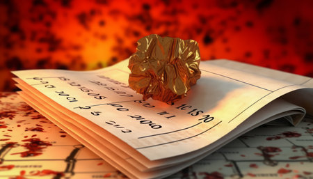 Crumpled gold paper on a book. 3D illustration.の写真素材