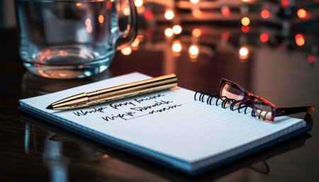 Notepad and pen on a wooden table with Christmas lights in the backgroundの写真素材