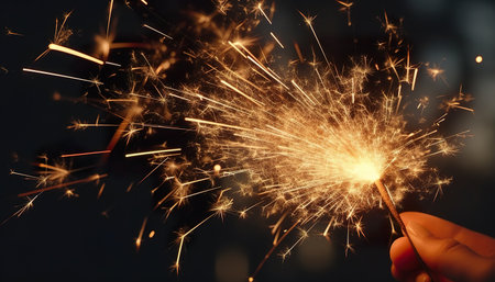 Burning sparkler in hand on dark background, close-upの写真素材