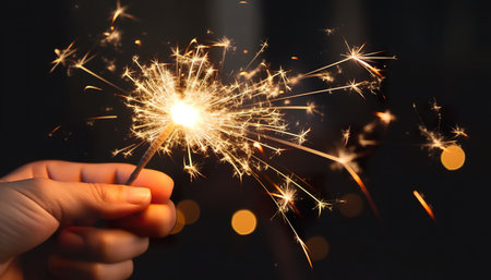 Close-up of a hand holding a sparkler with bokeh background