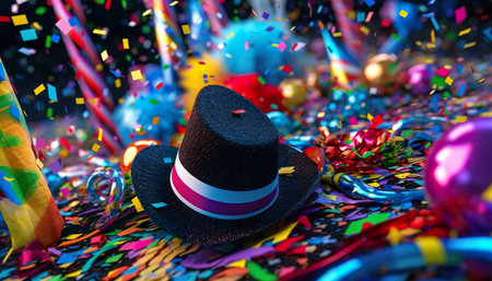 Party hat with confetti and streamers on dark background. 3d illustration