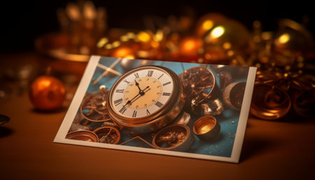 Vintage clock and christmas decoration on wooden table. Selective focus.