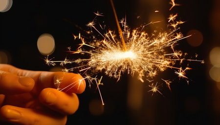 Closeup of a hand holding a sparkler on a dark backgroundの写真素材
