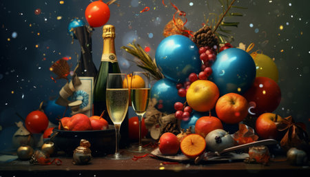 Christmas still life with champagne, fruits and decorations on a wooden backgroundの写真素材