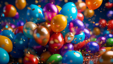 Colorful balloons and confetti on dark background. 3d renderingの写真素材
