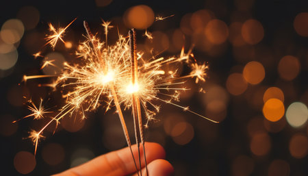 Sparkler in hand on bokeh background. New year conceptの写真素材