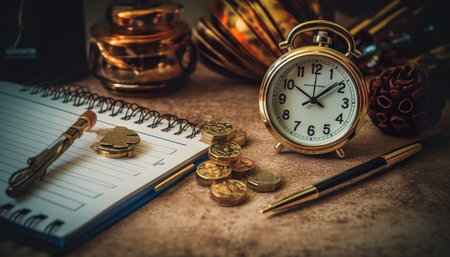 Time is money concept, vintage alarm clock, coins and notebook.