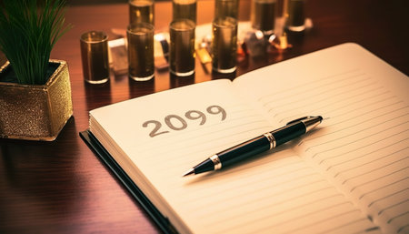 Pen and notebook with 2019 text on wood table background - vintage filter