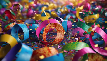 3d illustration of colorful confetti and streamers, party backgroundの写真素材