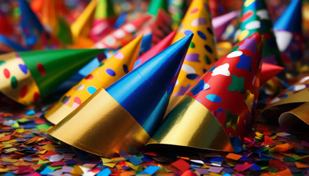 Colorful party hats on confetti background. Close up image.