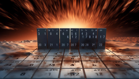 Digital composite of Calendar composite against orange sky with clouds and sun rising