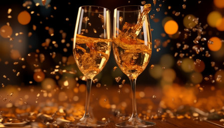 Glasses of champagne with splashes on blurred background, closeupの写真素材