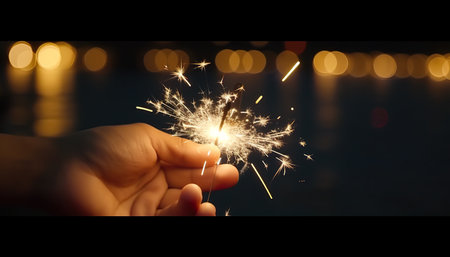Close up of human hand holding sparkler with bokeh backgroundの写真素材