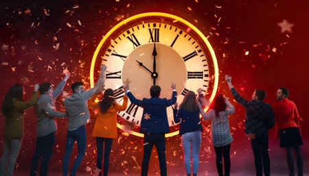Time management concept with a group of young people raising hands in front of a clockの写真素材