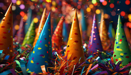 Colorful party hats and confetti on a bokeh backgroundの写真素材