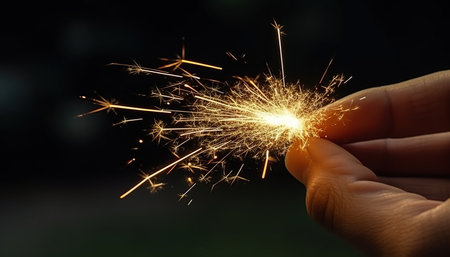 Hand holding a sparkler on a dark background. Close-up.