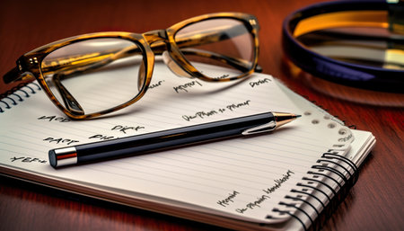 Notebook with glasses and pen on wooden table. Business concept.の写真素材