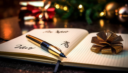 Notebook with pen and bow on the background of Christmas decorations.の写真素材