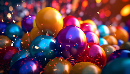 Colorful balloons with confetti on bokeh background. 3d renderingの写真素材