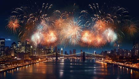 New Year's Eve celebration with the Brooklyn Bridge and Manhattan skyline in New York Cityの写真素材