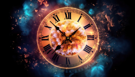 Clock face with fire and smoke. Time concept. 3D Rendering
