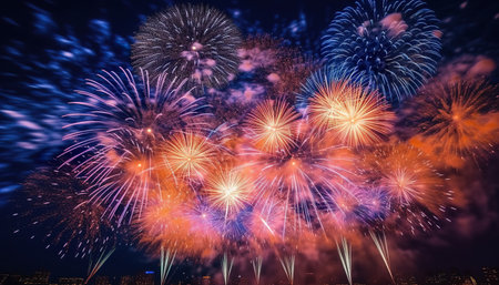 Colorful fireworks of various colors over night sky background, celebration conceptの写真素材