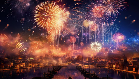 Colorful fireworks over the canal and cityscape of Strasbourg, France