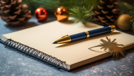 Notebook, pen and Christmas decorations on a blue background. New Year conceptの写真素材