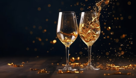 Two glasses of white wine with splashes and bokeh on dark backgroundの写真素材
