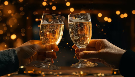 Two hands clinking glasses of champagne with bokeh lights on backgroundの写真素材