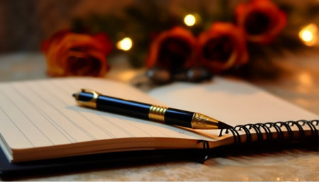 Notebook and pen on the background of a burning candle in a candlestickの写真素材