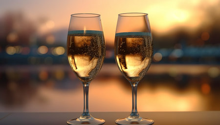 Two glasses of champagne on the background of the city and sunset.の写真素材
