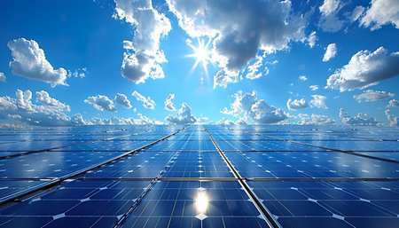 Solar panels against the blue sky and sun. 3d rendering.