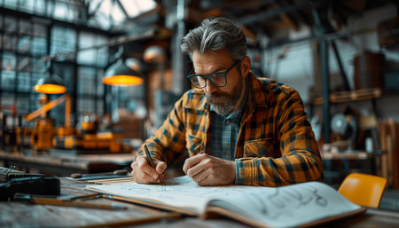 Architect working on a project in his workshop. He is wearing glasses and a plaid shirt.