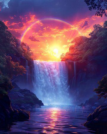 Beautiful waterfall in the forest at sunset. 3D rendering.