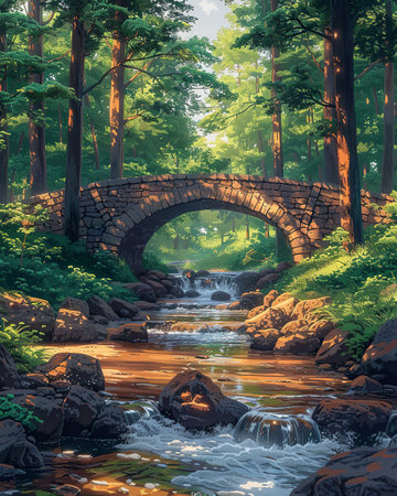Beautiful stone bridge over a stream in the forest. Digital painting